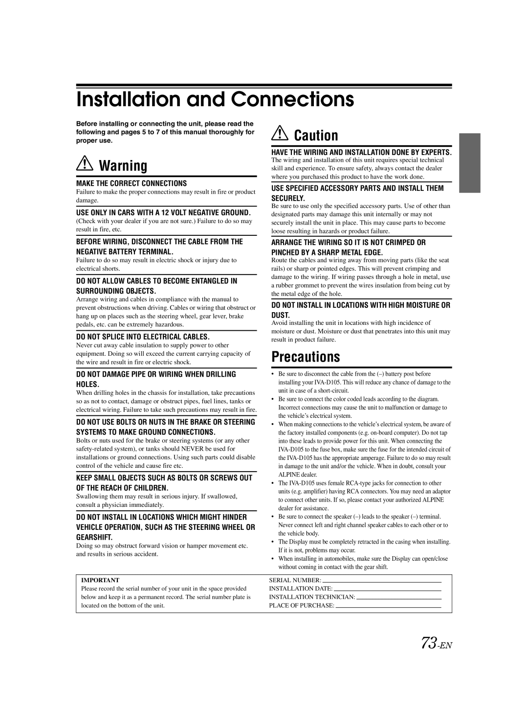 Alpine IVA-D105 owner manual Installation and Connections, 73-EN 