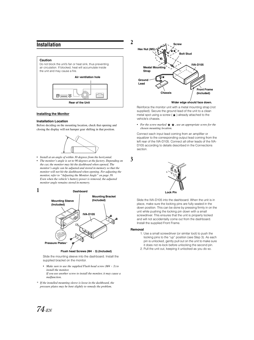 Alpine IVA-D105 owner manual 74-EN, Installing the Monitor Installation Location, Removal 