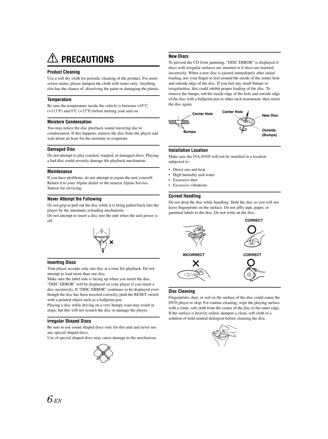 Alpine IVA-D105 owner manual Precautions 