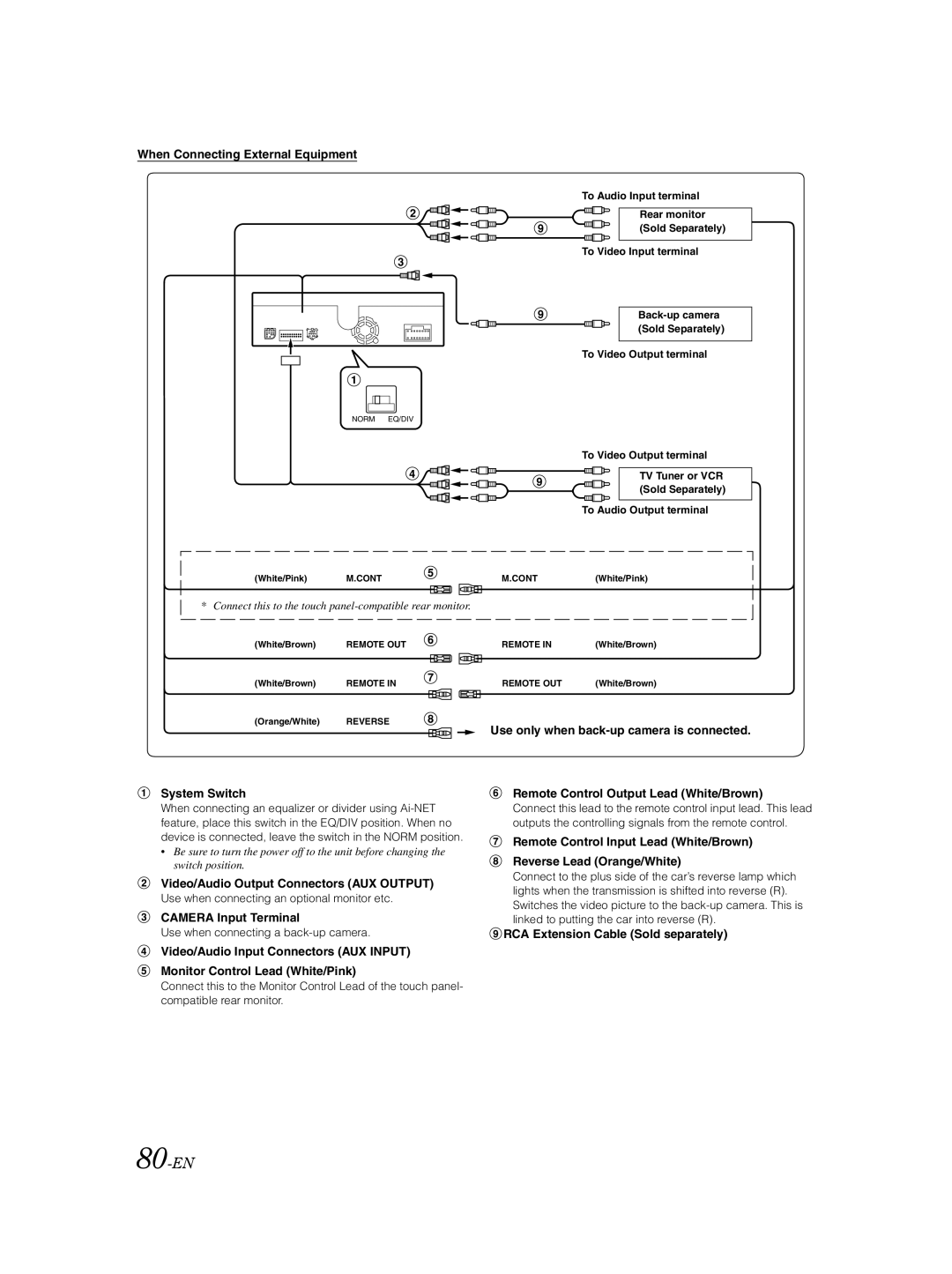 Alpine IVA-D105 80-EN, When Connecting External Equipment, Use only when back-up camera is connected System Switch 