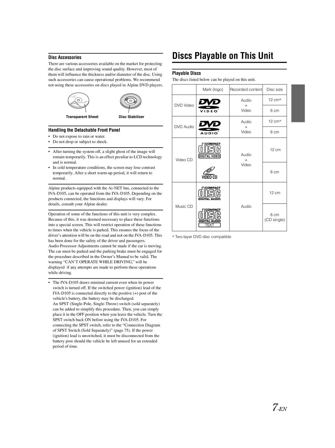 Alpine IVA-D105 owner manual Mark logo, Disc size, Video CD, CD single, Two-layer DVD disc compatible 