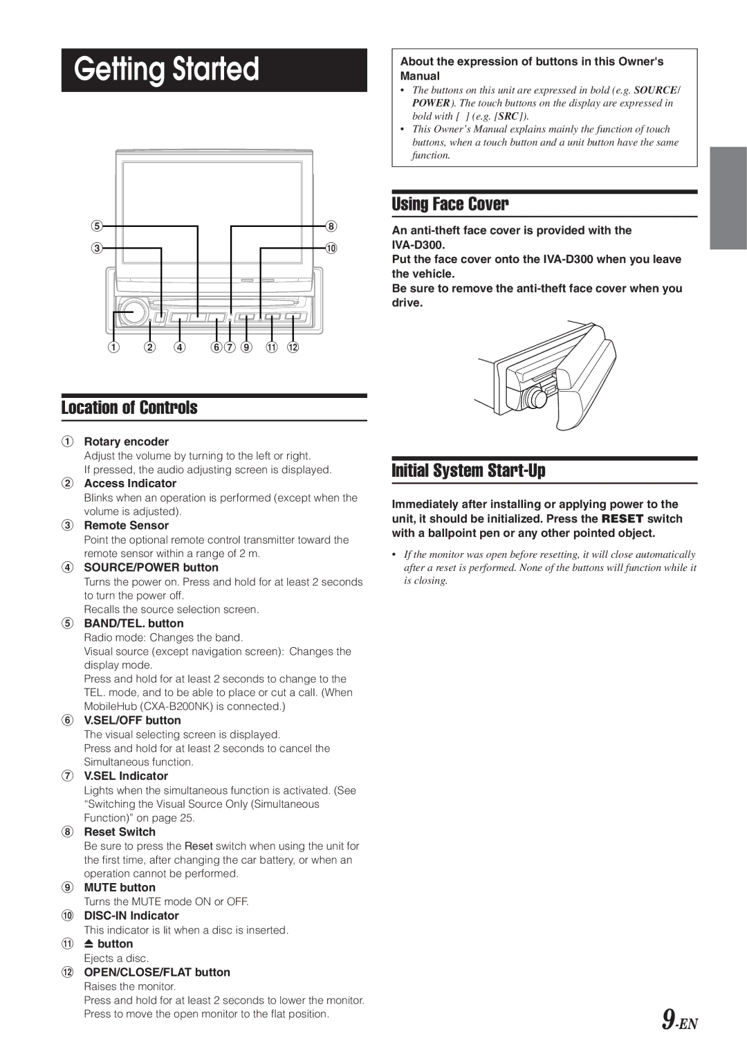 Alpine IVA-D300 owner manual Getting Started, Using Face Cover, Location of Controls, Initial System Start-Up 