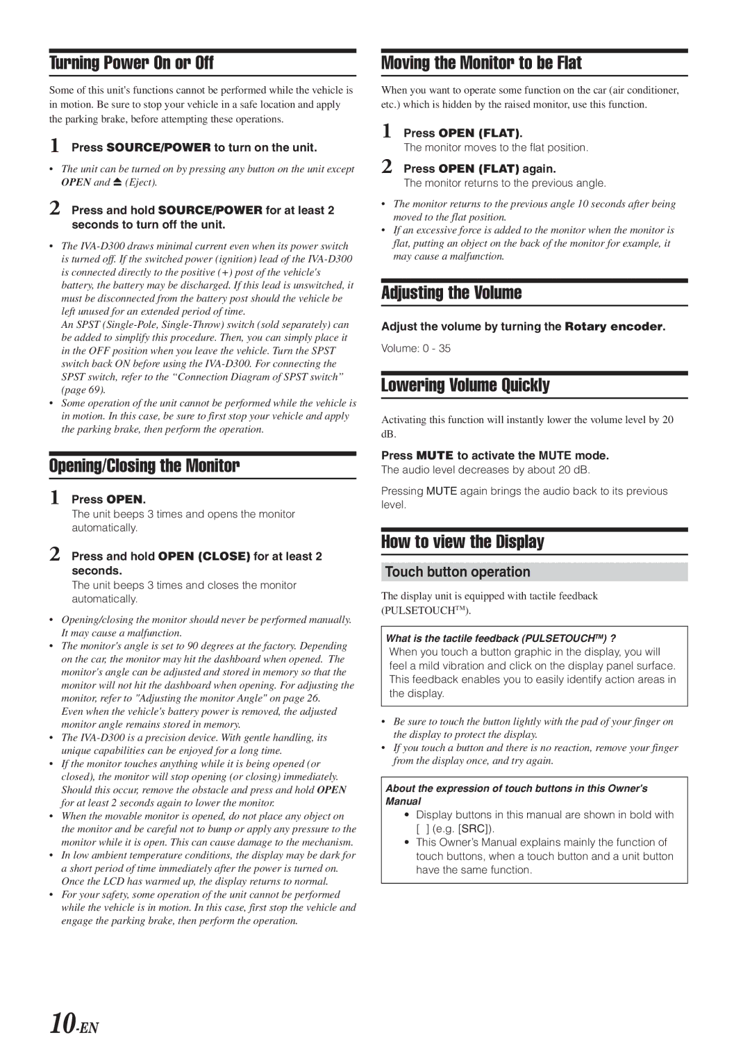 Alpine IVA-D300 Turning Power On or Off, Opening/Closing the Monitor, Moving the Monitor to be Flat, Adjusting the Volume 