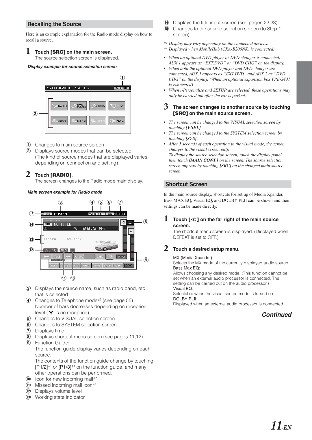 Alpine IVA-D300 Recalling the Source, 11-EN, Touch SRC on the main screen, Source selection screen is displayed 