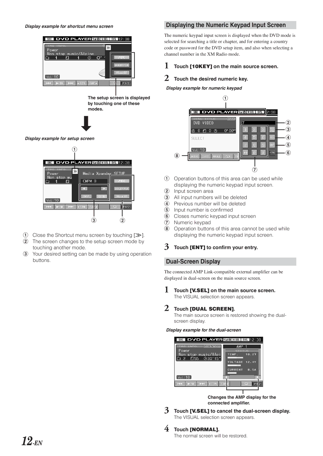 Alpine IVA-D300 owner manual Displaying the Numeric Keypad Input Screen, Dual-Screen Display, 12-EN 