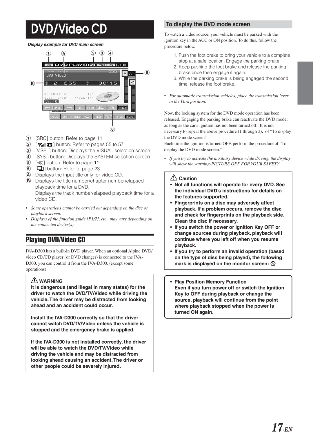 Alpine IVA-D300 owner manual Playing DVD/Video CD, To display the DVD mode screen, 17-EN, Button Refer to 