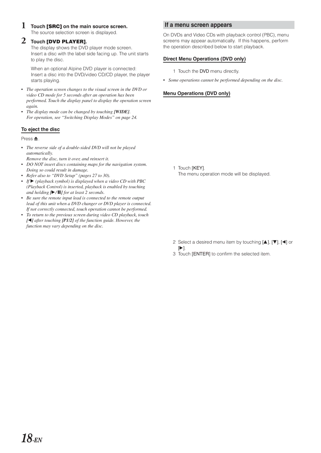 Alpine IVA-D300 owner manual If a menu screen appears, 18-EN, Direct Menu Operations DVD only, Touch the DVD menu directly 