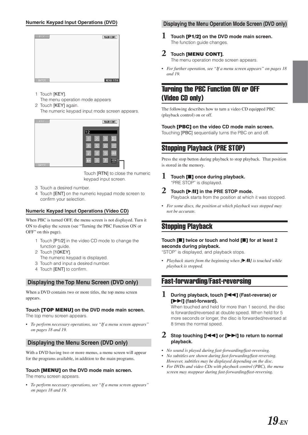 Alpine IVA-D300 owner manual Turning the PBC Function on or OFF Video CD only, Stopping Playback PRE Stop 