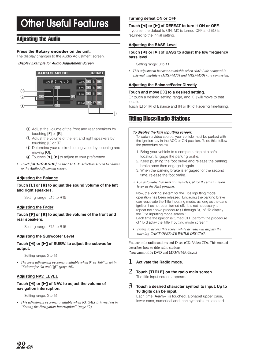 Alpine IVA-D300 owner manual Other Useful Features, Adjusting the Audio, Titling Discs/Radio Stations, 22-EN 