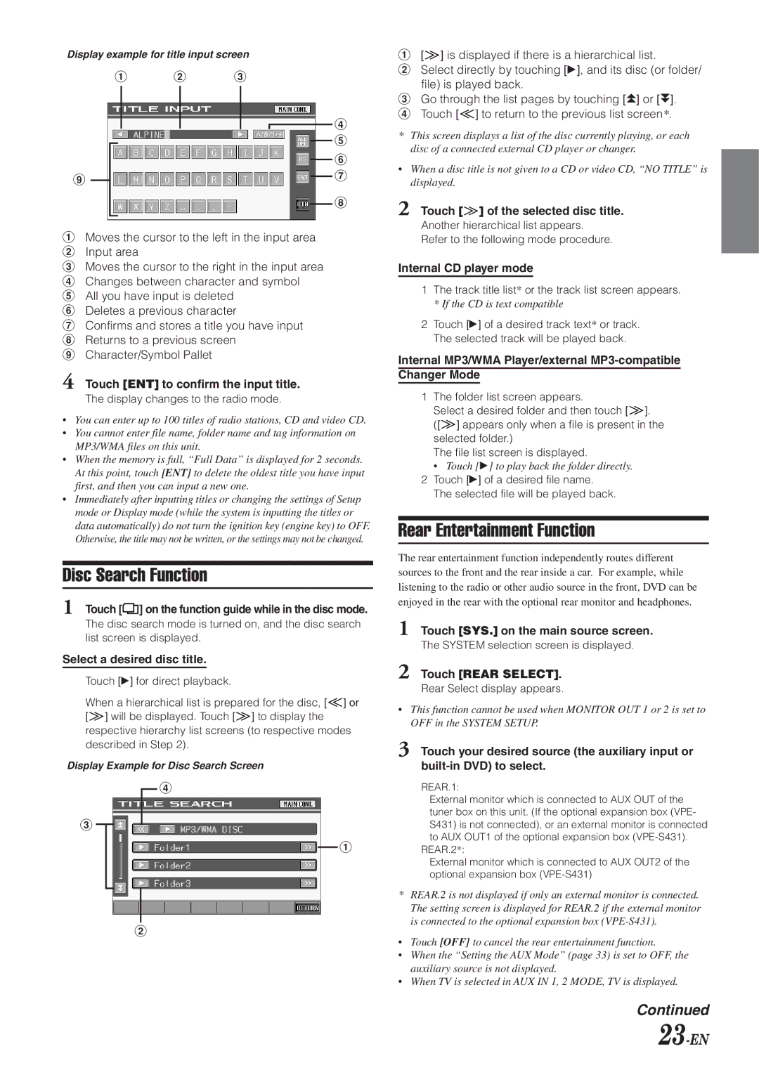 Alpine IVA-D300 owner manual Disc Search Function, Rear Entertainment Function, 23-EN 