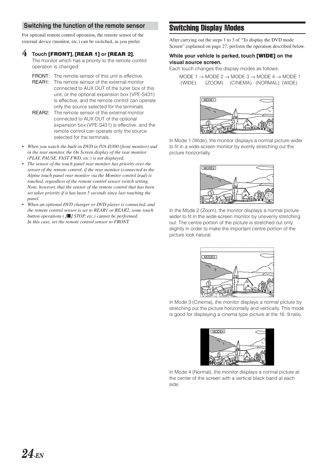 Alpine IVA-D300 Switching Display Modes, Switching the function of the remote sensor, 24-EN, Touch FRONT, Rear 1 or Rear 