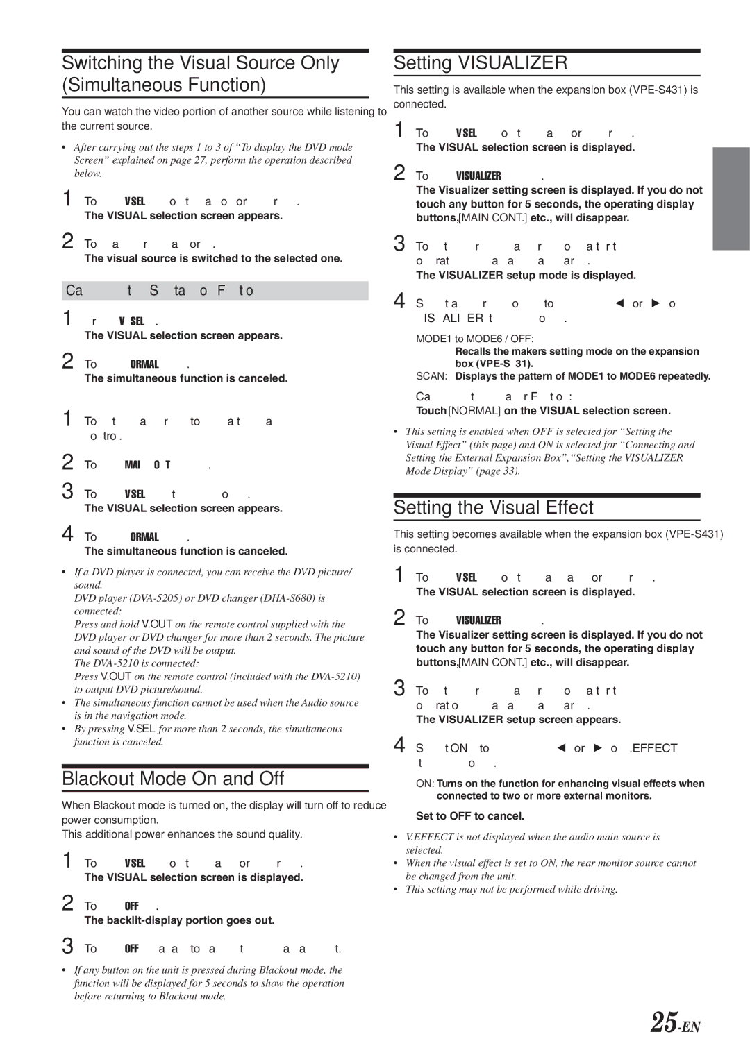 Alpine IVA-D300 owner manual Blackout Mode On and Off, Setting Visualizer, Setting the Visual Effect, 25-EN 
