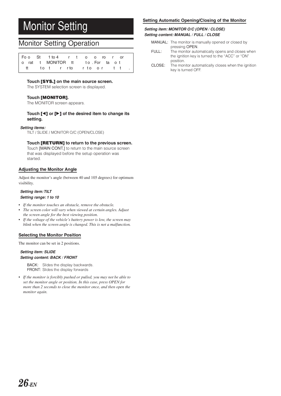 Alpine IVA-D300 owner manual Monitor Setting Operation, 26-EN 