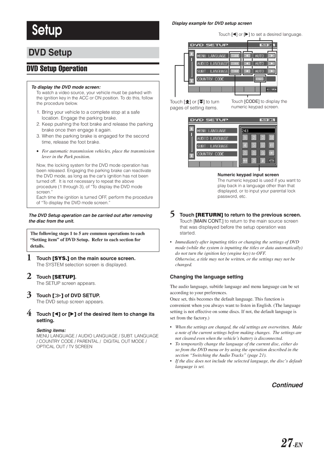 Alpine IVA-D300 owner manual DVD Setup Operation, 27-EN 