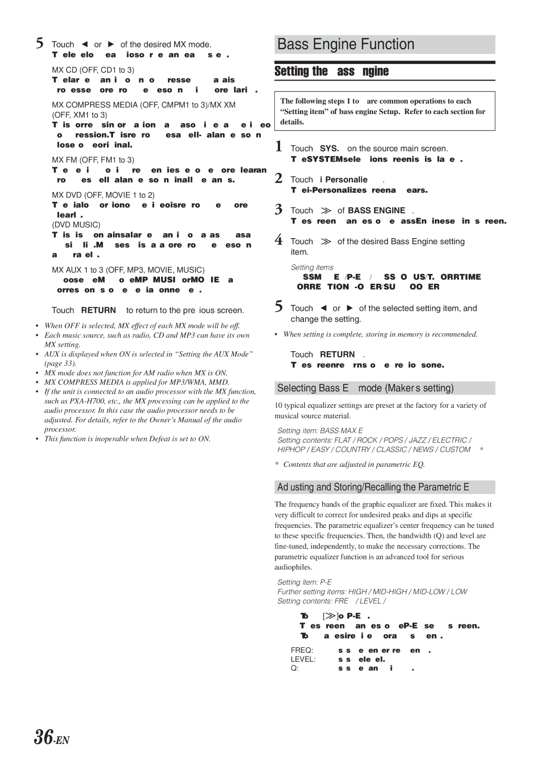 Alpine IVA-D300 owner manual Bass Engine Function, Setting the Bass Engine, Selecting Bass EQ mode Makers setting, 36-EN 