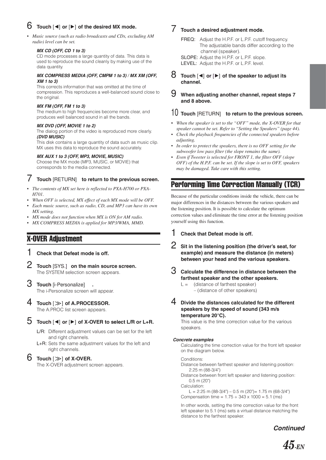 Alpine IVA-D300 owner manual Over Adjustment, Performing Time Correction Manually TCR, 45-EN 