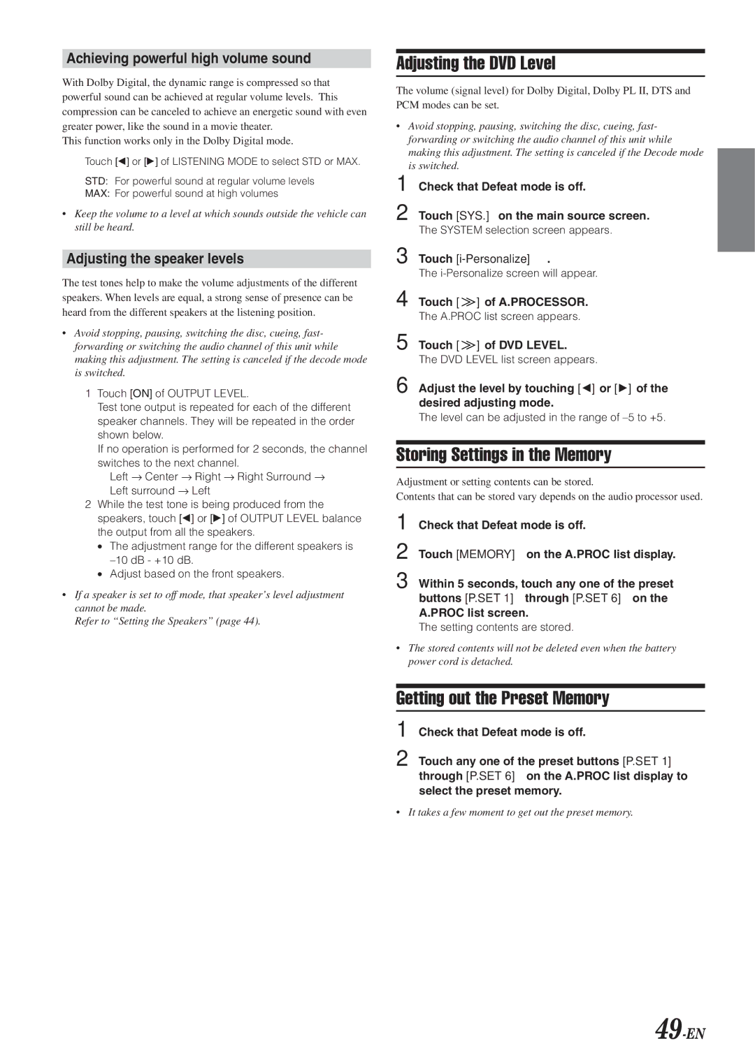 Alpine IVA-D300 owner manual Adjusting the DVD Level, Storing Settings in the Memory, Getting out the Preset Memory 