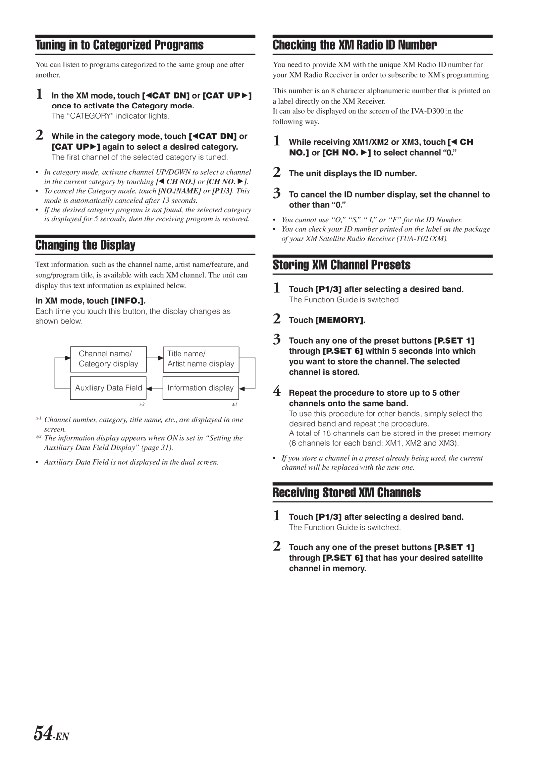 Alpine IVA-D300 owner manual Tuning in to Categorized Programs, Changing the Display, Checking the XM Radio ID Number 