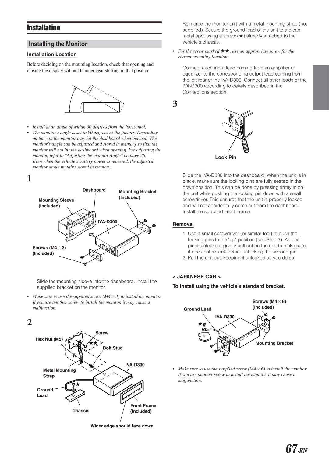 Alpine IVA-D300 owner manual Installation, Installing the Monitor, 67-EN 