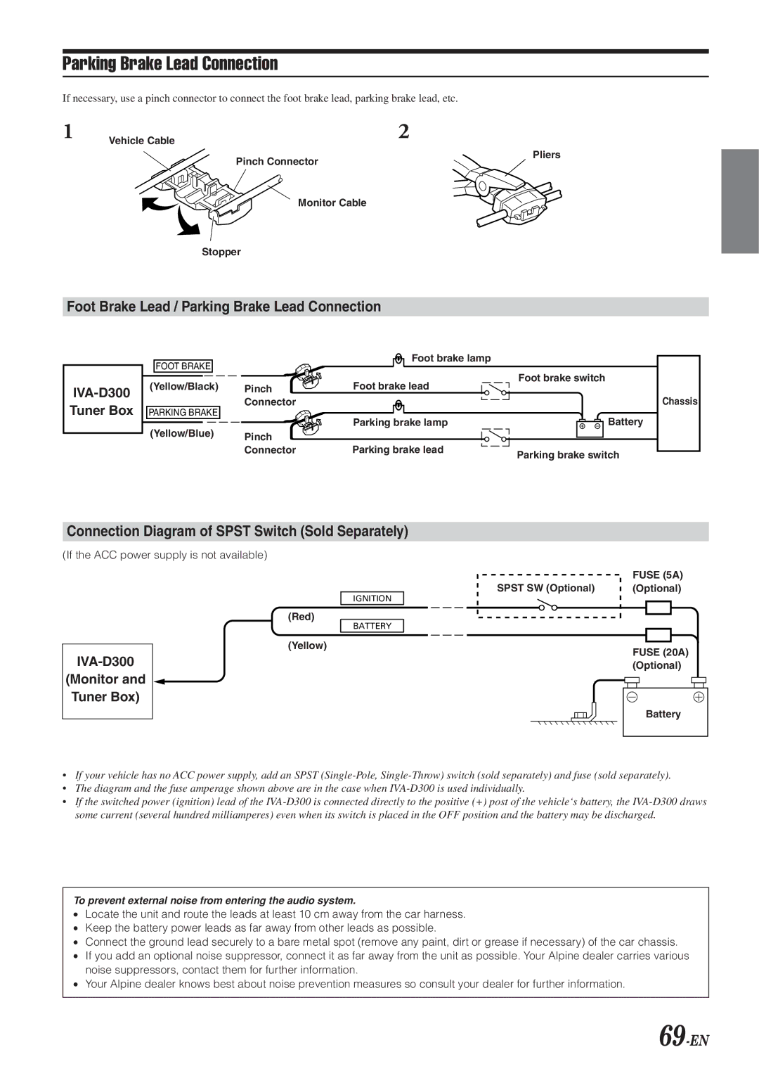 Alpine IVA-D300 Foot Brake Lead / Parking Brake Lead Connection, Connection Diagram of Spst Switch Sold Separately 