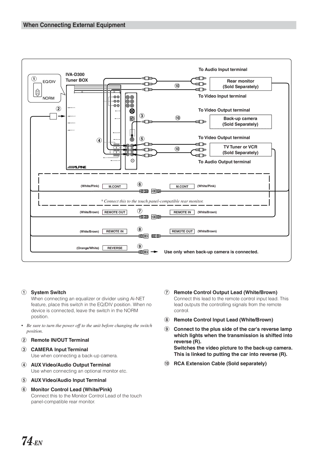 Alpine IVA-D300 owner manual When Connecting External Equipment, 74-EN, Remote IN/OUT Terminal Camera Input Terminal 