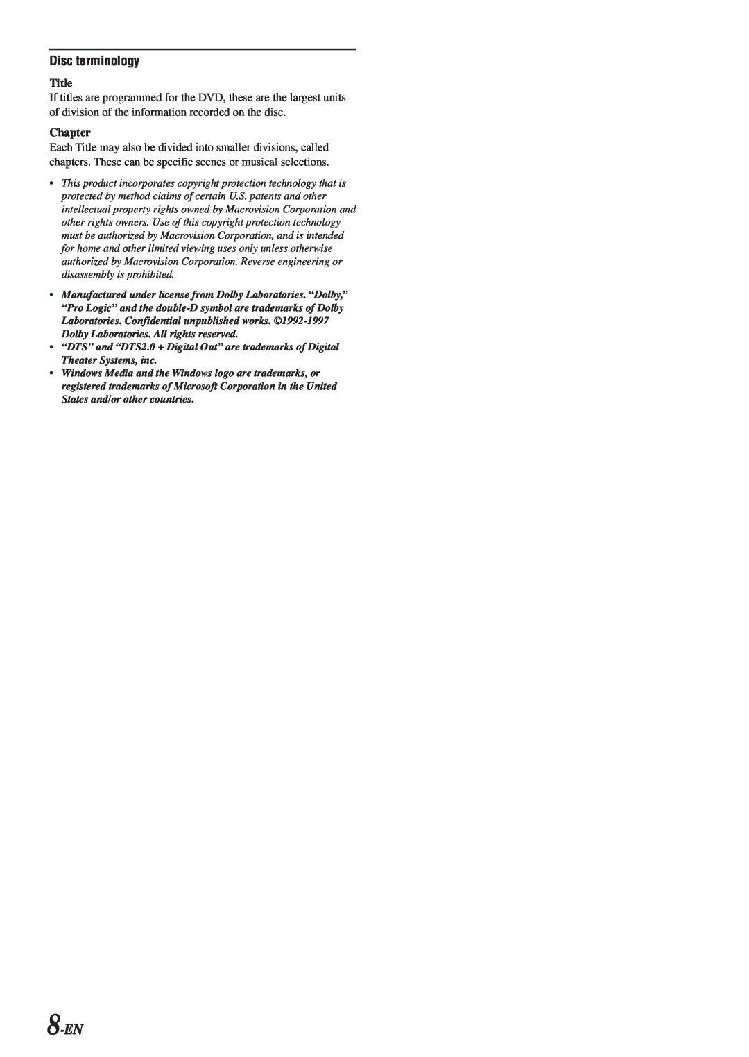 Alpine IVA-D300 owner manual 8-EN, Disc terminology, Title, Chapter 