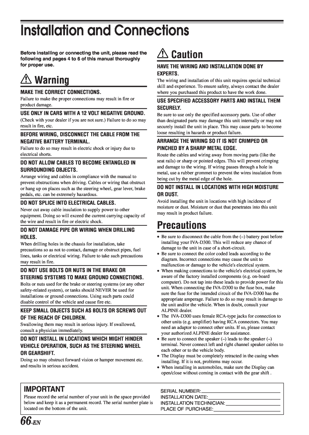 Alpine IVA-D300 owner manual Precautions, 66-EN, Installation and Connections 