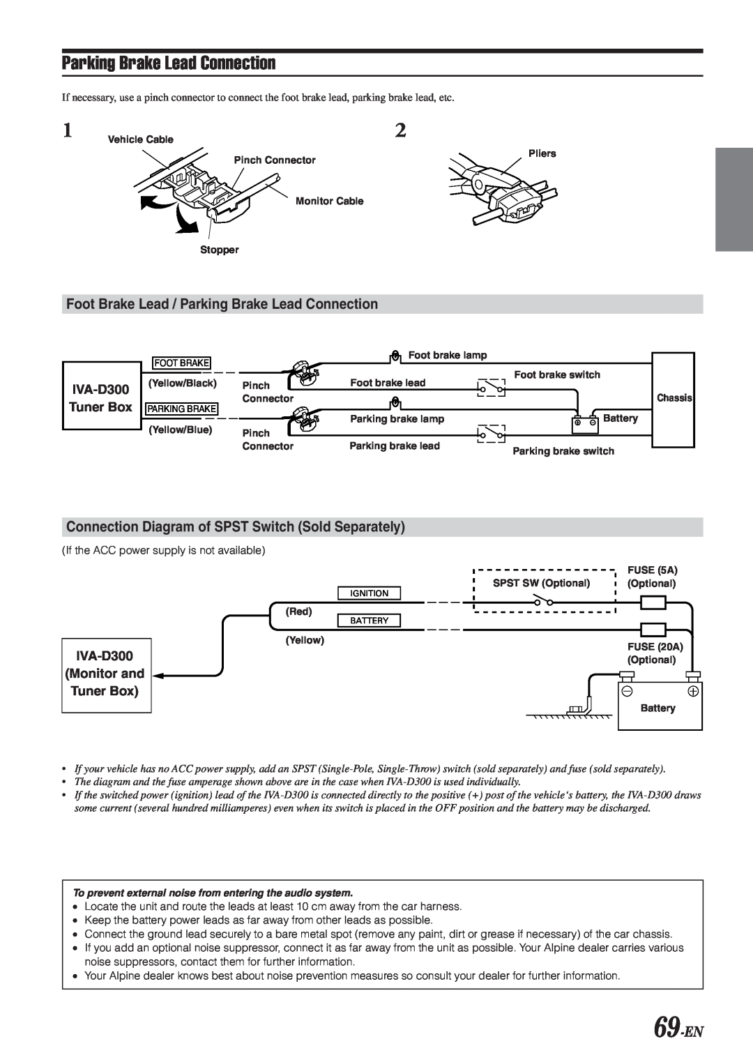 Alpine IVA-D300 Foot Brake Lead / Parking Brake Lead Connection, Connection Diagram of SPST Switch Sold Separately 
