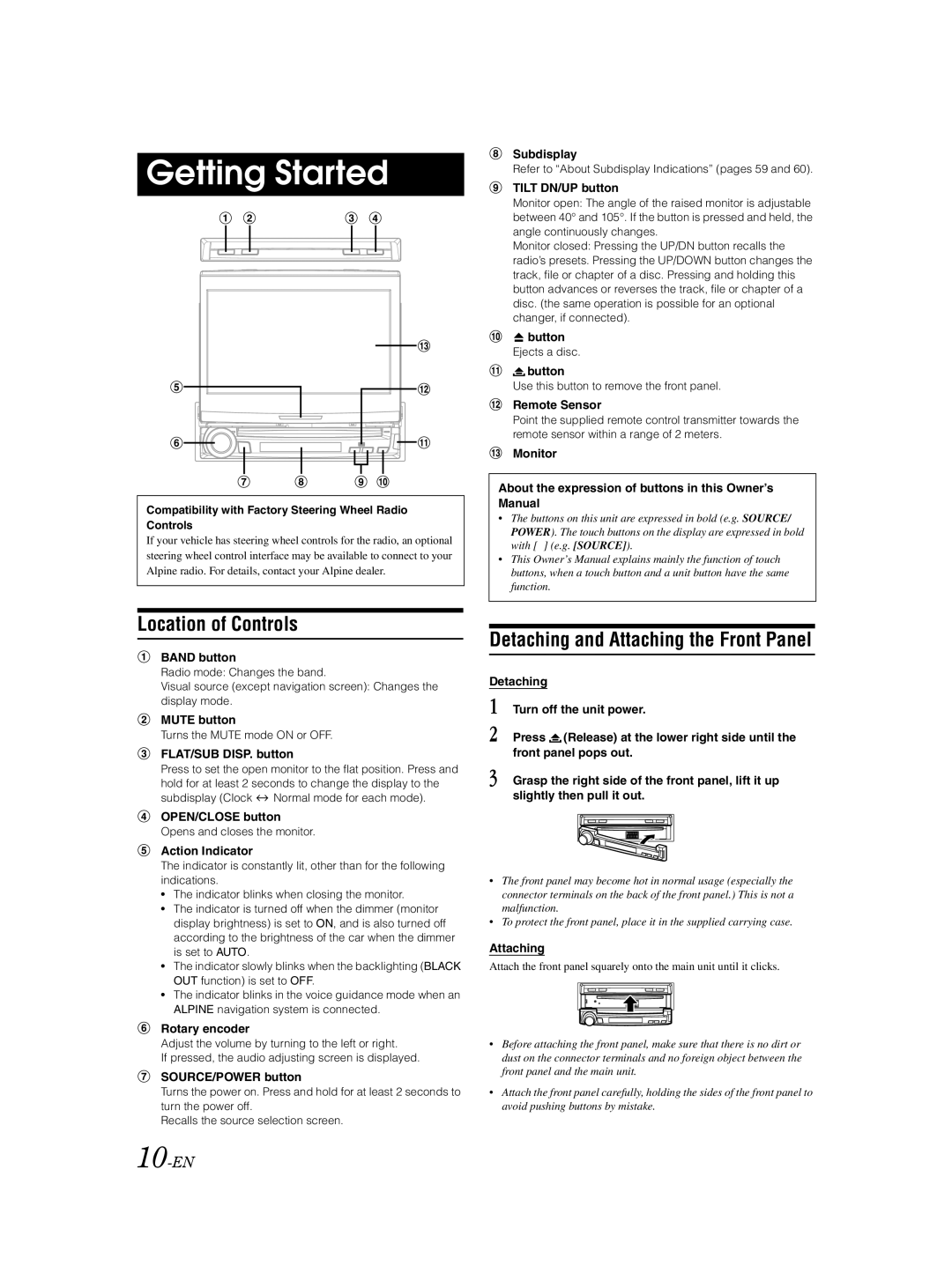 Alpine IVA-D310 owner manual Getting Started, Location of Controls, Detaching and Attaching the Front Panel, 10-EN 