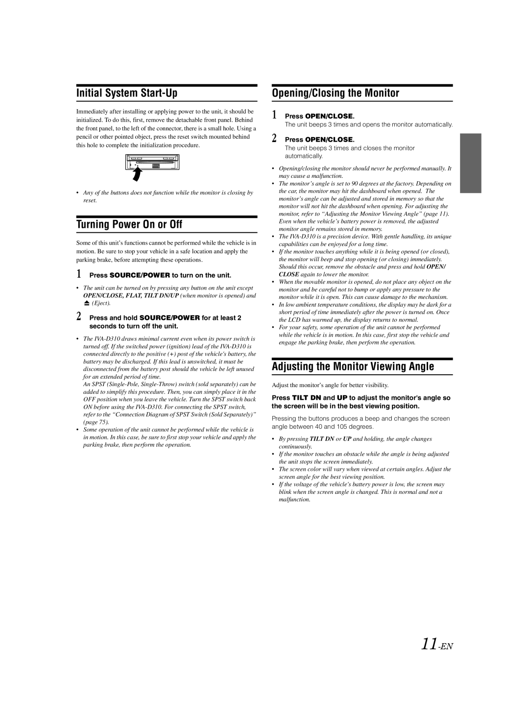 Alpine IVA-D310 owner manual Initial System Start-Up, Turning Power On or Off, Opening/Closing the Monitor, 11-EN 