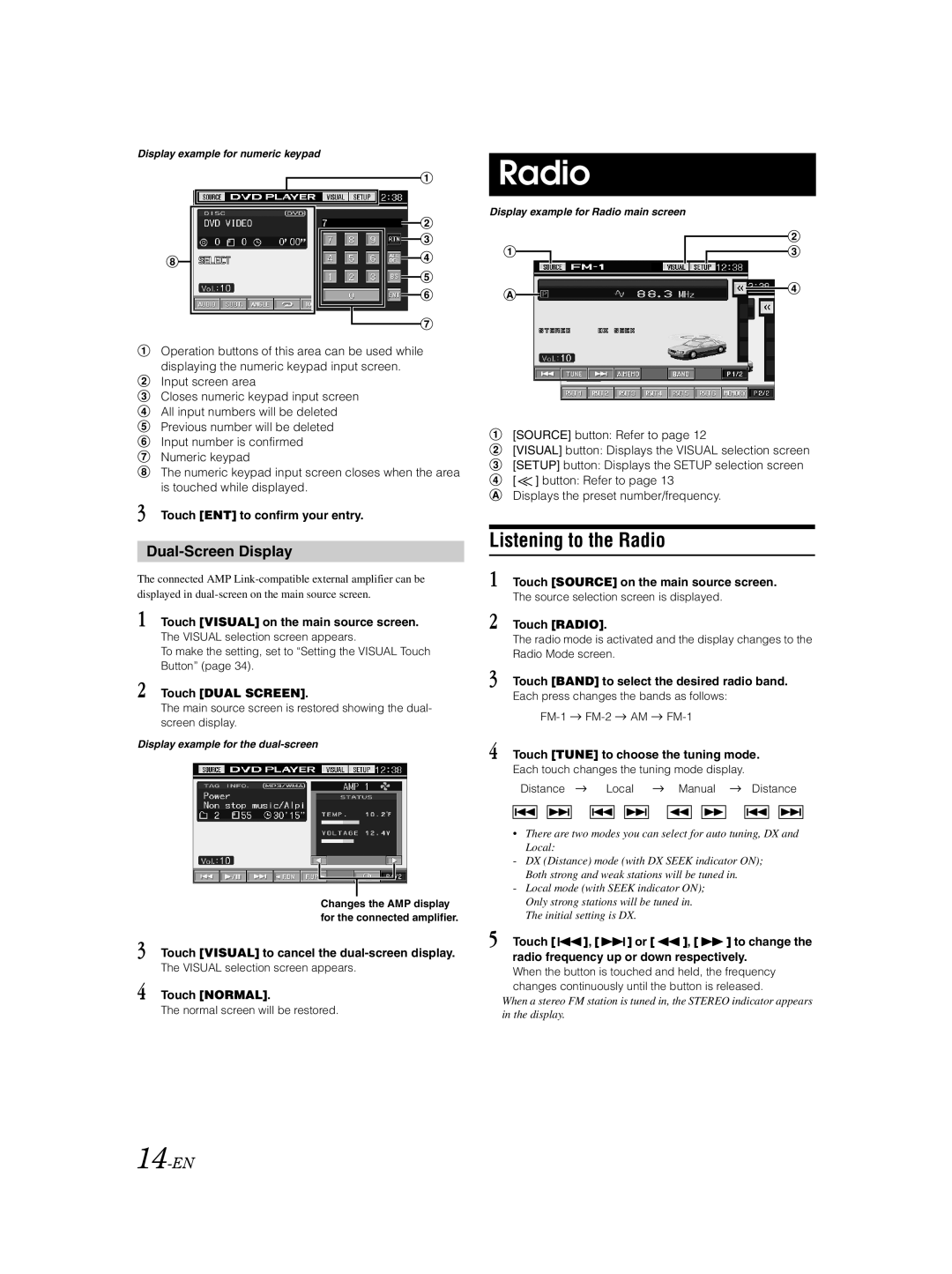 Alpine IVA-D310 owner manual Listening to the Radio, Dual-Screen Display, 14-EN 