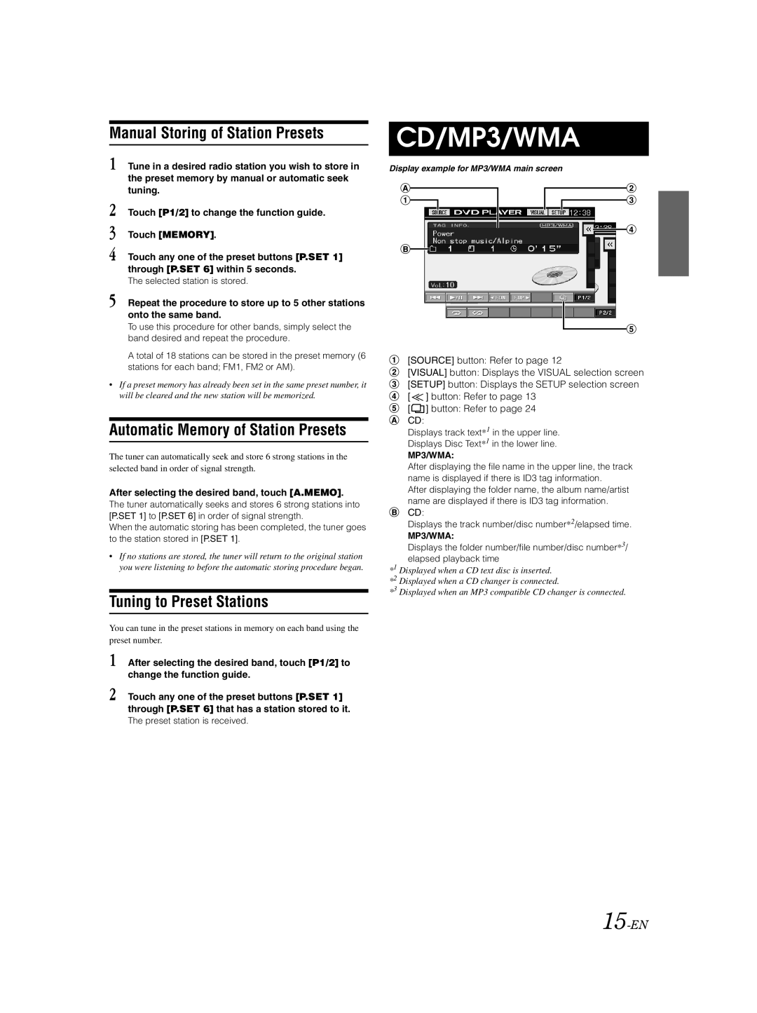 Alpine IVA-D310 Manual Storing of Station Presets, Automatic Memory of Station Presets, Tuning to Preset Stations, 15-EN 