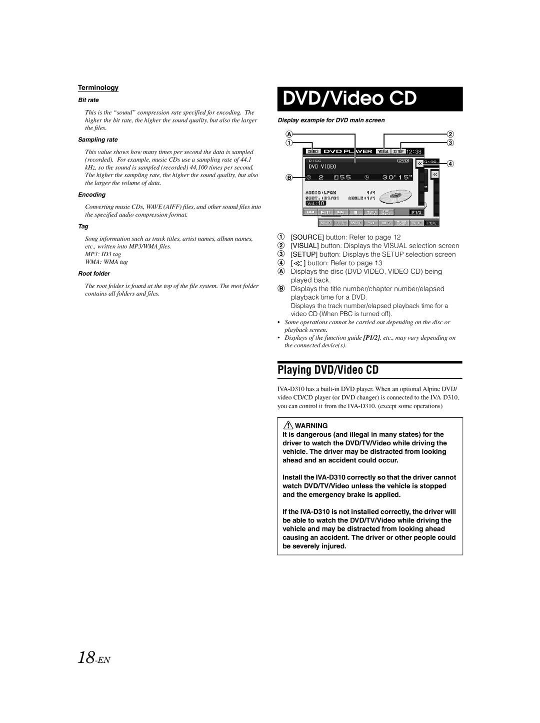 Alpine IVA-D310 owner manual Playing DVD/Video CD, 18-EN, Terminology 