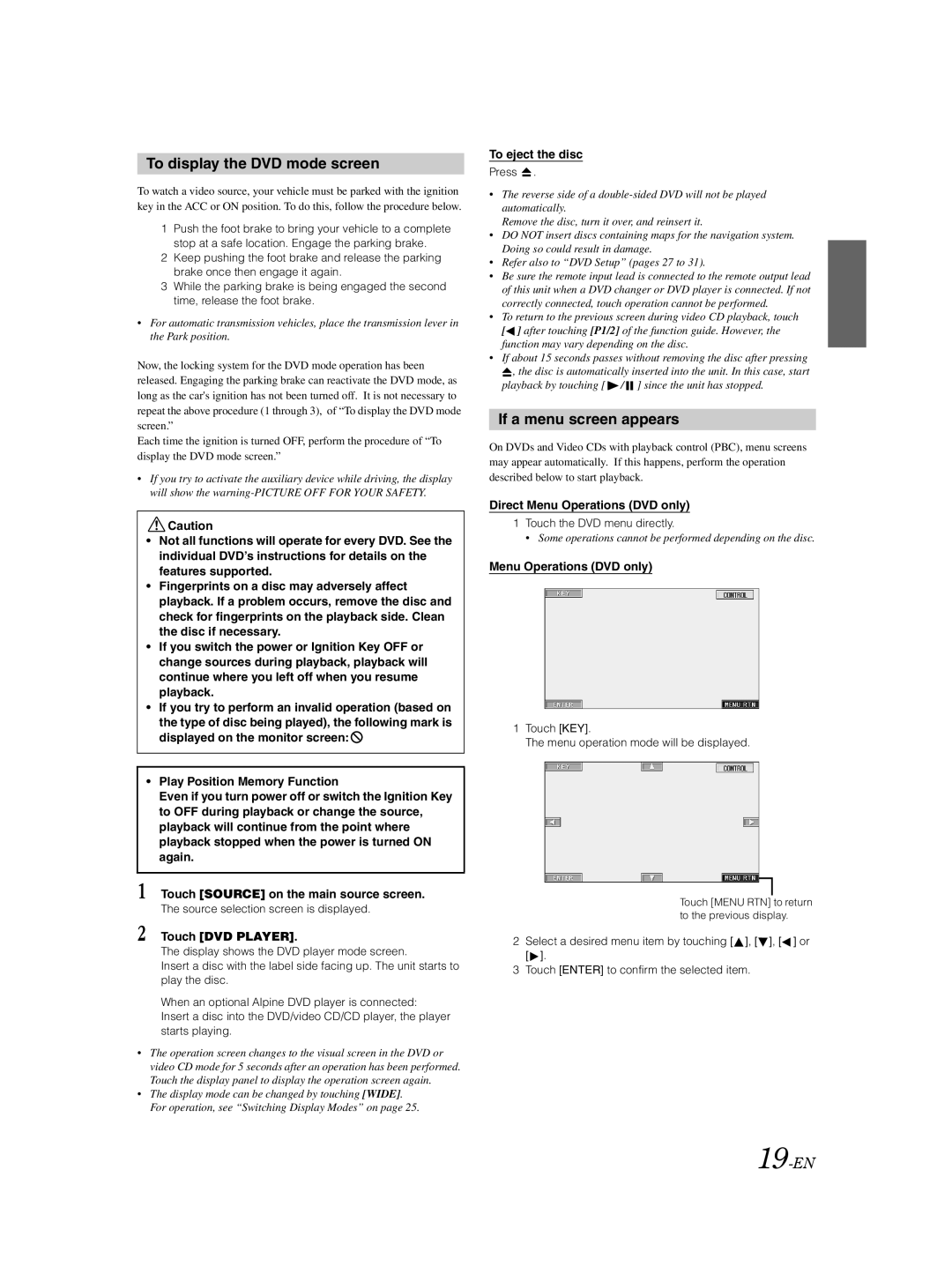 Alpine IVA-D310 To display the DVD mode screen, If a menu screen appears, 19-EN, Direct Menu Operations DVD only 