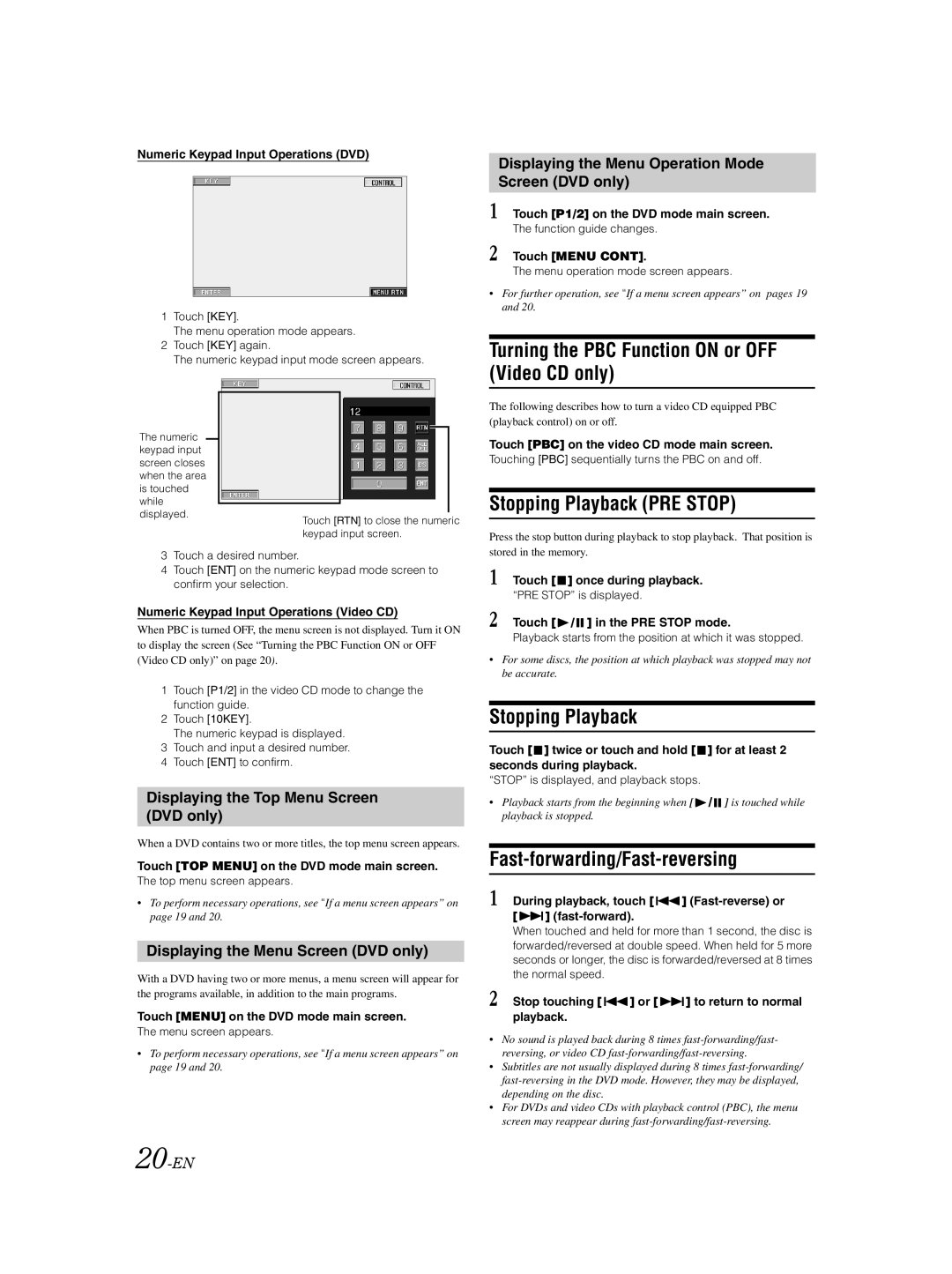 Alpine IVA-D310 owner manual Turning the PBC Function on or OFF Video CD only, Stopping Playback PRE Stop 