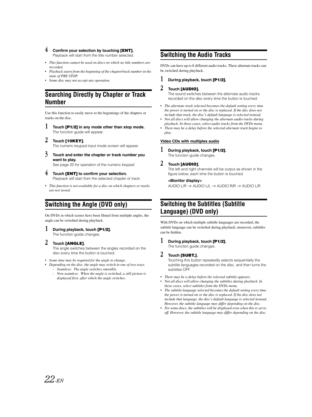 Alpine IVA-D310 Searching Directly by Chapter or Track Number, Switching the Audio Tracks, Switching the Angle DVD only 