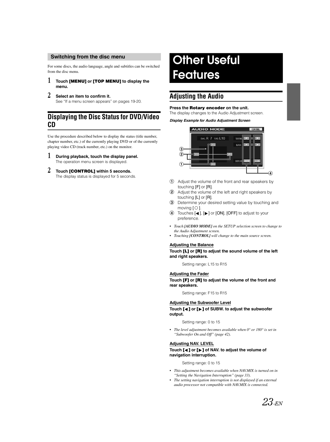 Alpine IVA-D310 owner manual Other Useful Features, Adjusting the Audio, Switching from the disc menu, 23-EN 