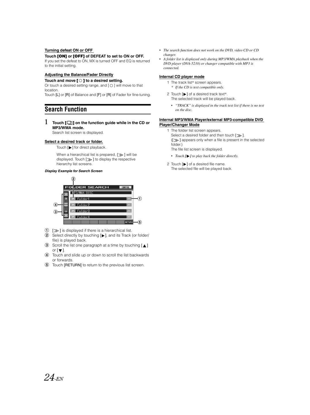 Alpine IVA-D310 owner manual Search Function, 24-EN, Touch on the function guide while in the CD or MP3/WMA mode 