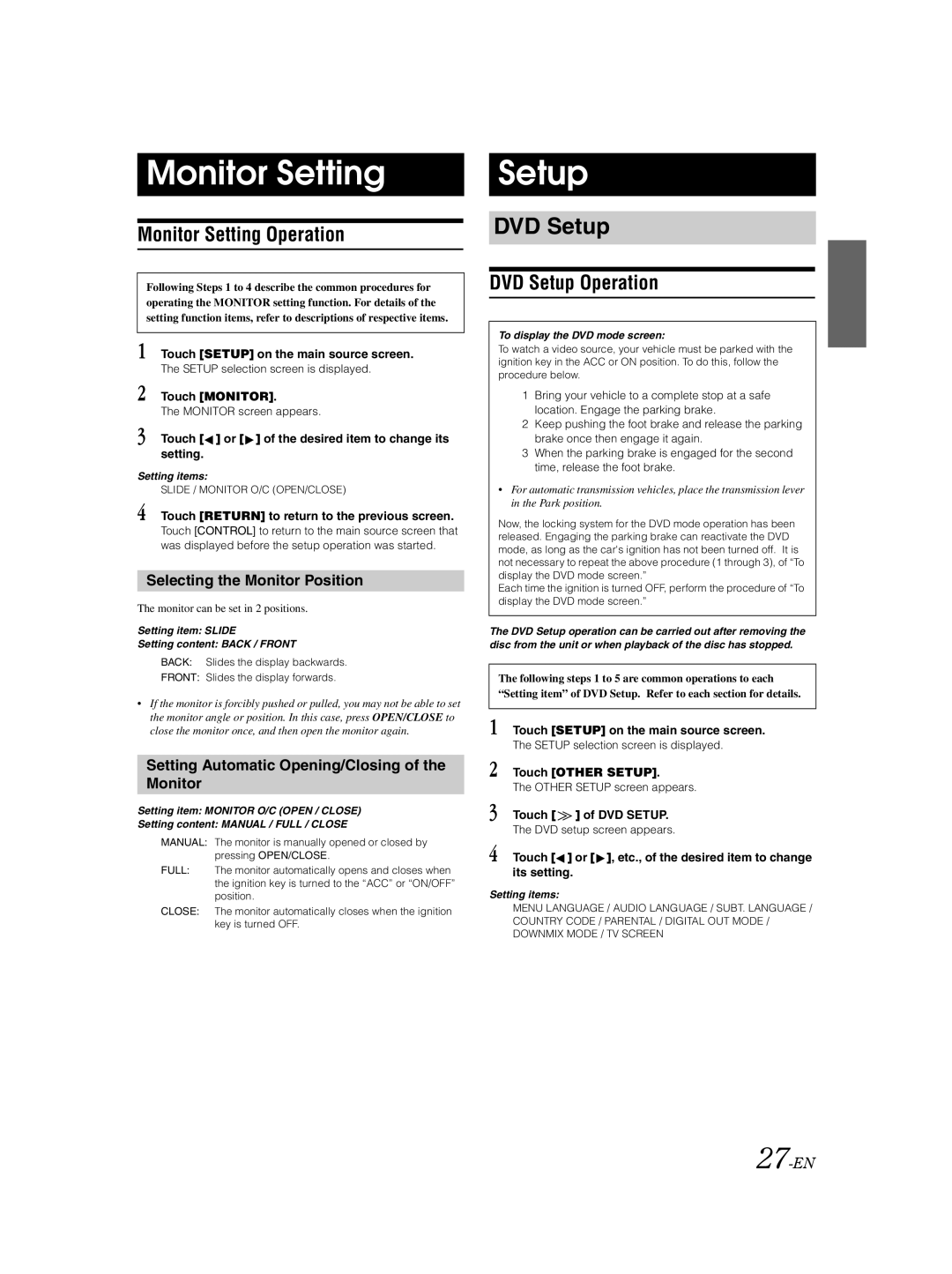 Alpine IVA-D310 owner manual Monitor Setting Operation, DVD Setup Operation 