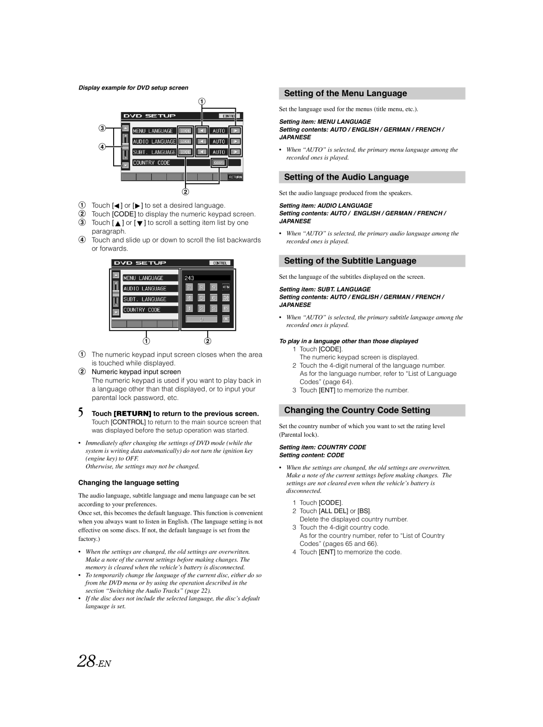 Alpine IVA-D310 Setting of the Menu Language, Setting of the Audio Language, Setting of the Subtitle Language, 28-EN 