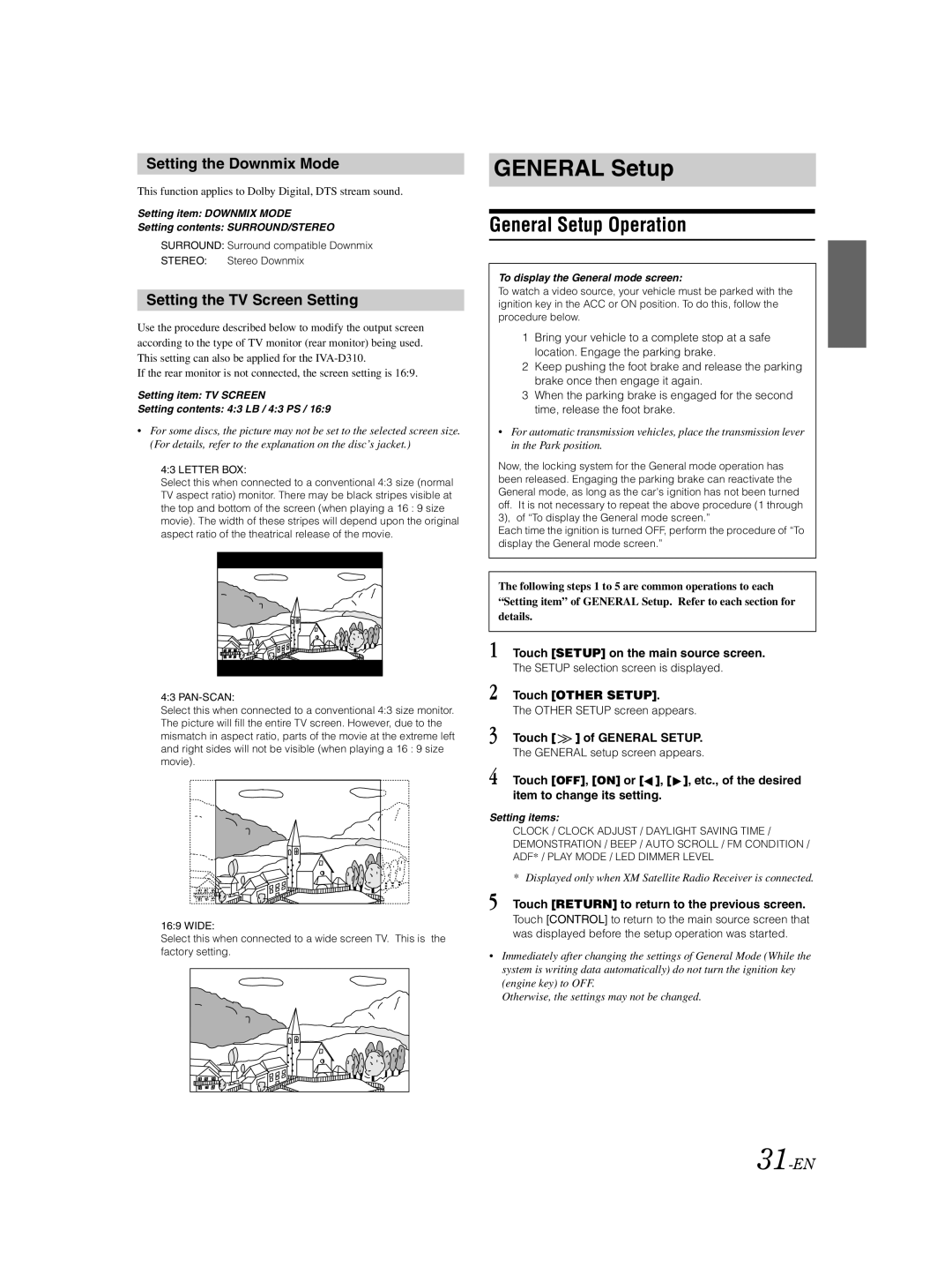 Alpine IVA-D310 owner manual General Setup Operation, Setting the Downmix Mode, Setting the TV Screen Setting, 31-EN 