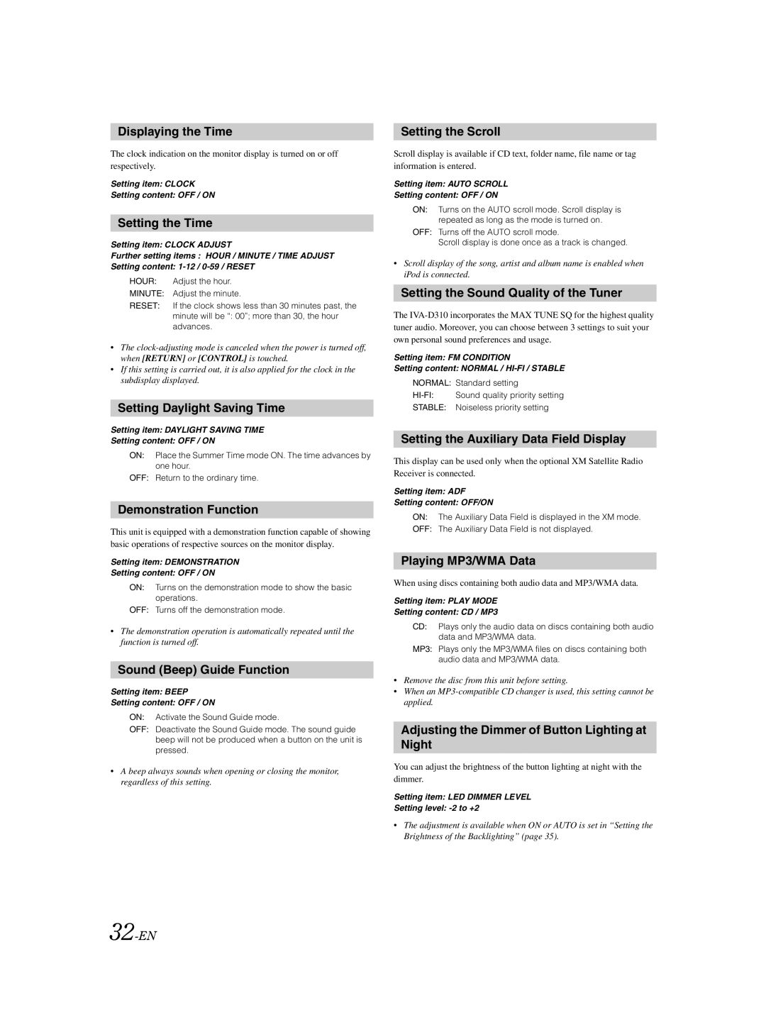 Alpine IVA-D310 owner manual Displaying the Time, Setting the Time, Setting Daylight Saving Time, Demonstration Function 