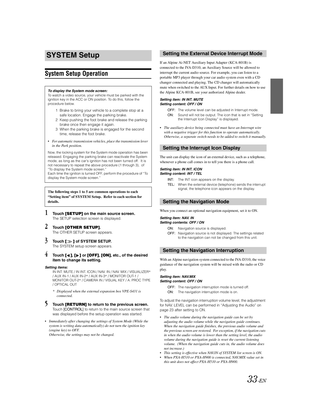 Alpine IVA-D310 System Setup Operation, Setting the External Device Interrupt Mode, Setting the Interrupt Icon Display 