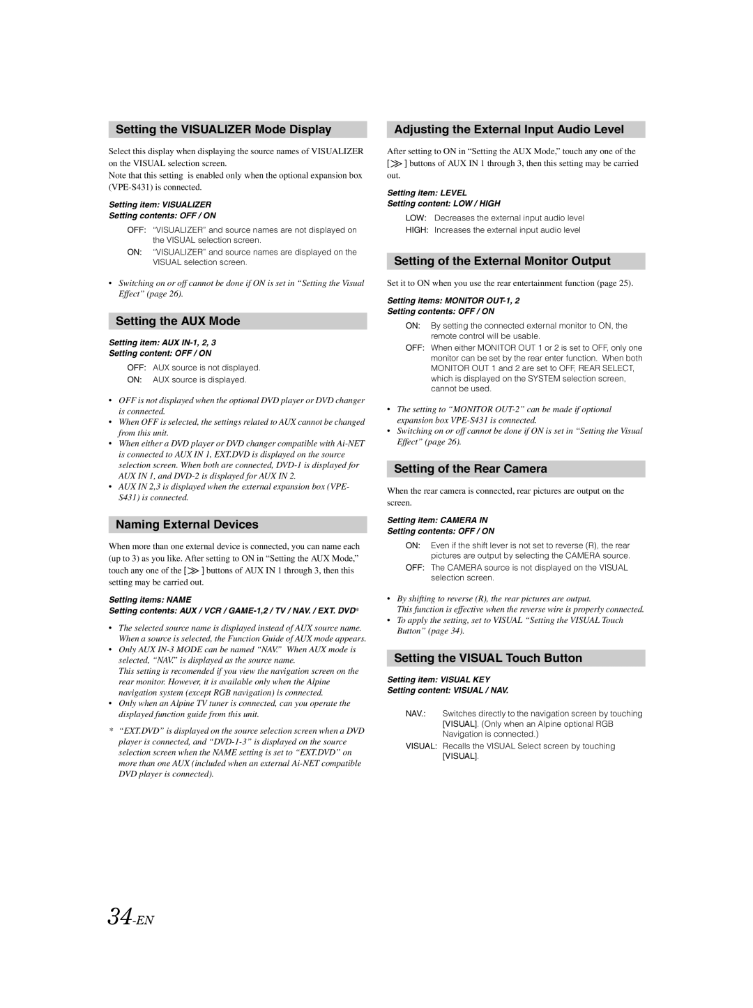 Alpine IVA-D310 owner manual Setting the Visualizer Mode Display, Setting the AUX Mode, Naming External Devices 
