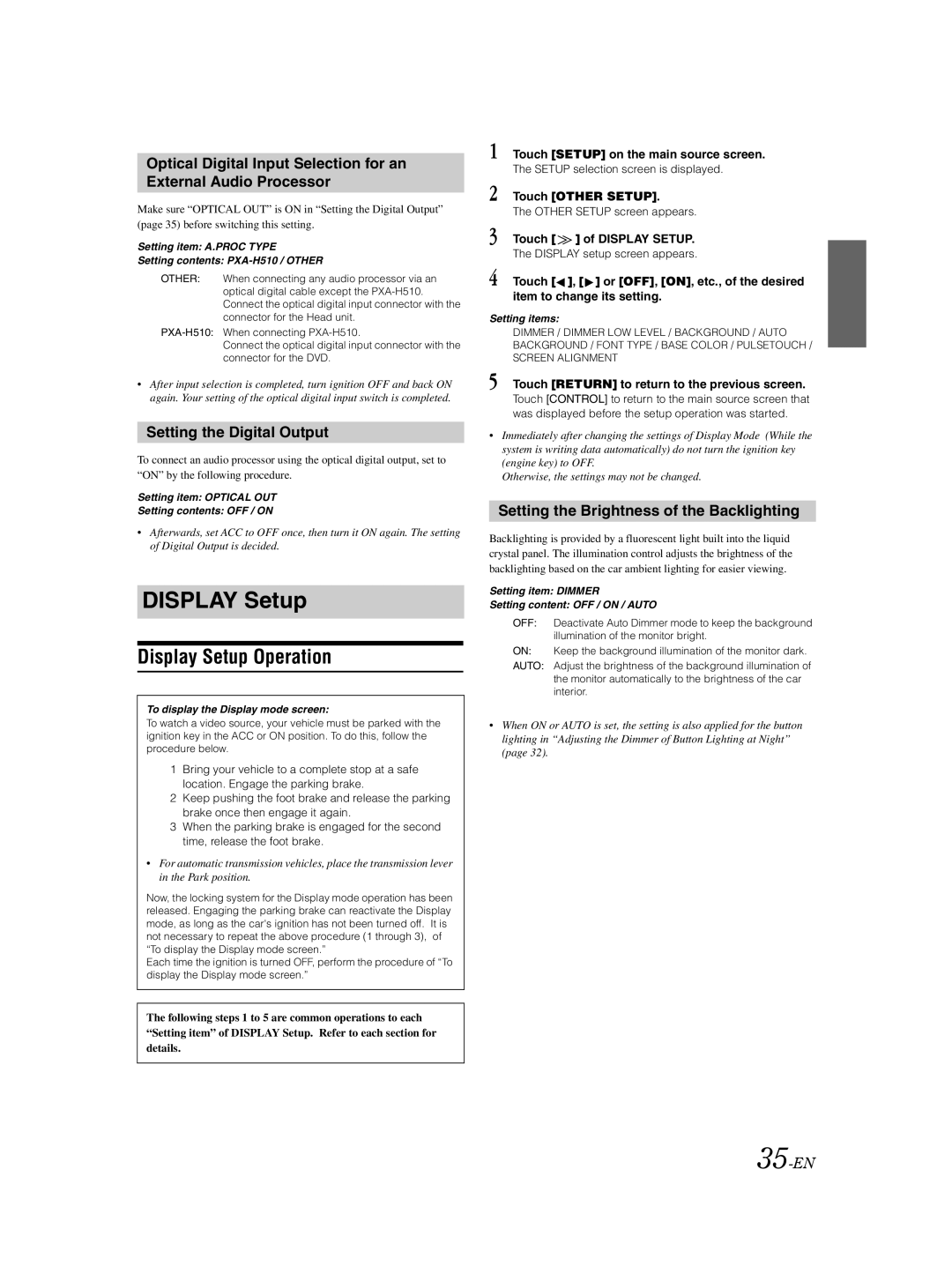 Alpine IVA-D310 Display Setup Operation, Setting the Digital Output, Setting the Brightness of the Backlighting, 35-EN 