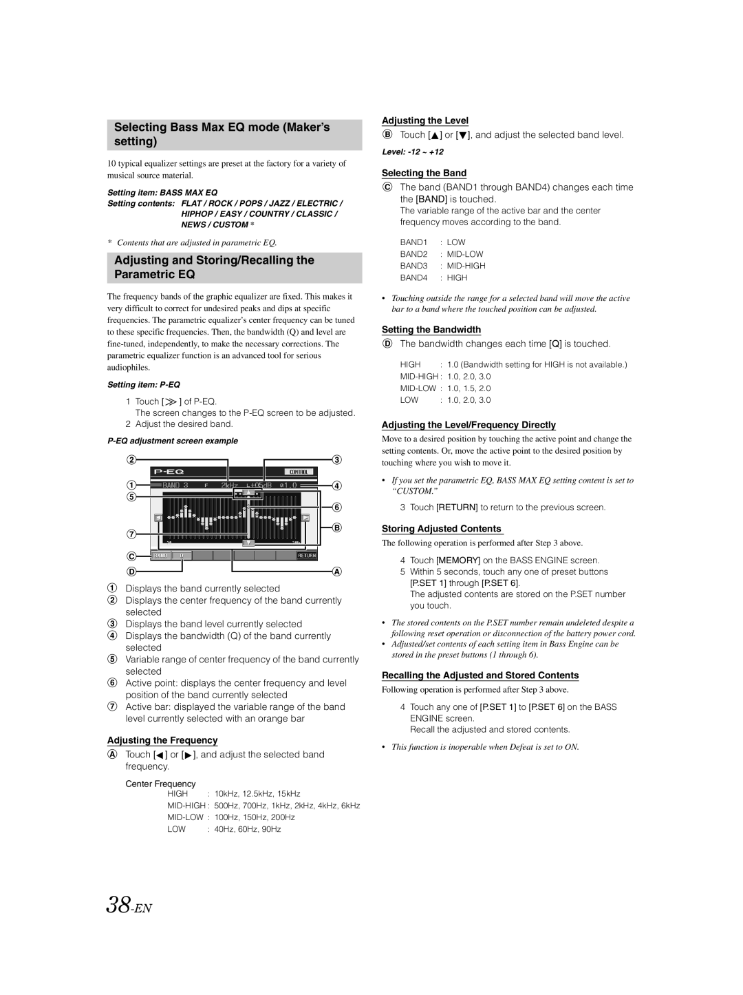 Alpine IVA-D310 Selecting Bass Max EQ mode Maker’s setting, Adjusting and Storing/Recalling the Parametric EQ, 38-EN 