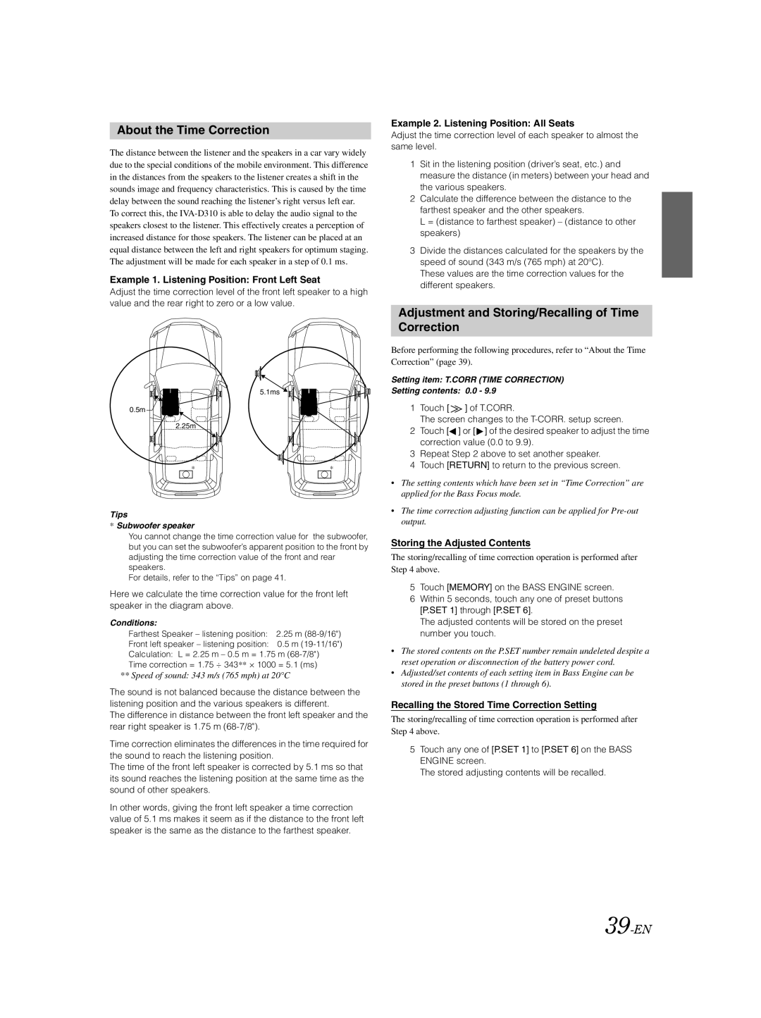 Alpine IVA-D310 owner manual About the Time Correction, Adjustment and Storing/Recalling of Time Correction, 39-EN 