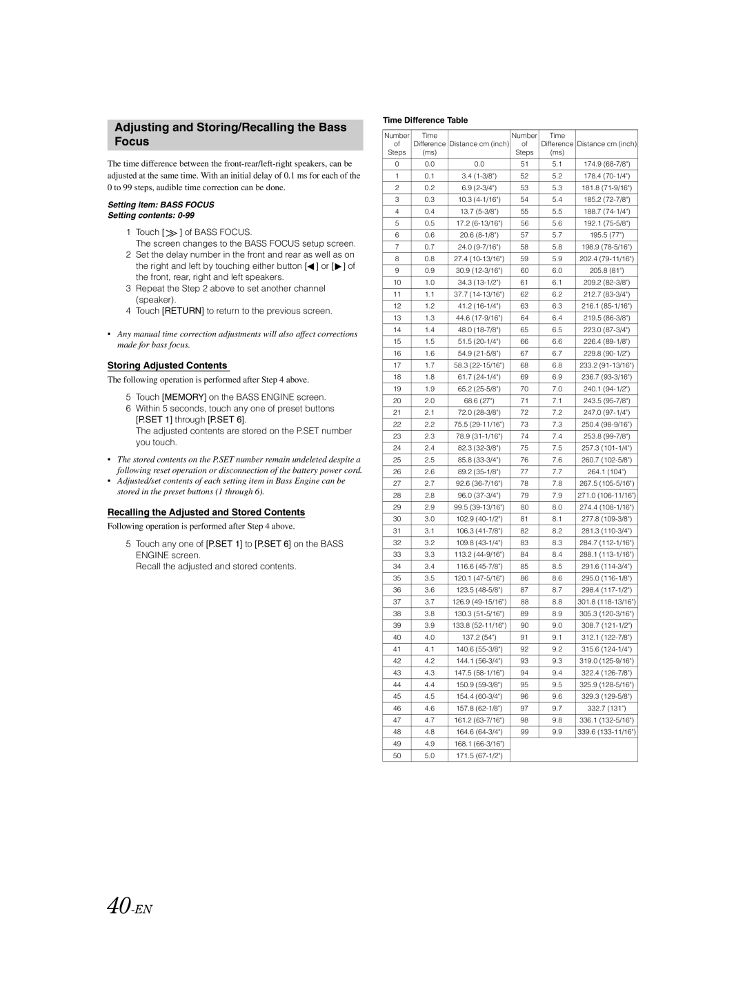 Alpine IVA-D310 Adjusting and Storing/Recalling the Bass Focus, 40-EN, Setting item Bass Focus Setting contents 