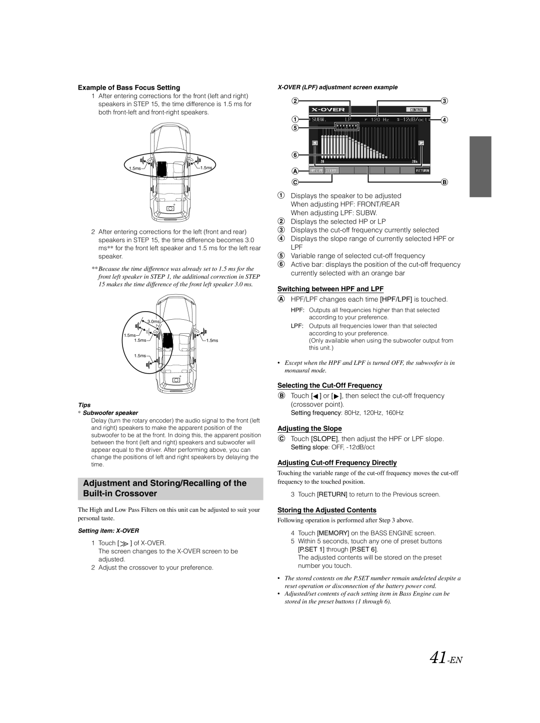 Alpine IVA-D310 owner manual Adjustment and Storing/Recalling of the Built-in Crossover, 41-EN 