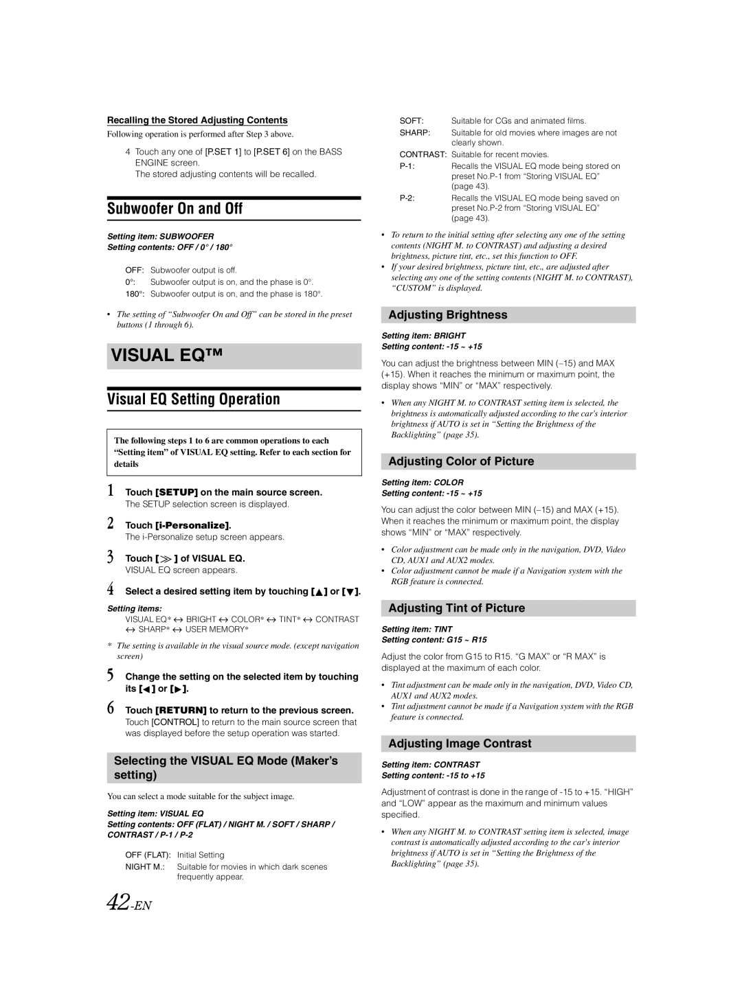 Alpine IVA-D310 owner manual Subwoofer On and Off, Visual EQ Setting Operation 